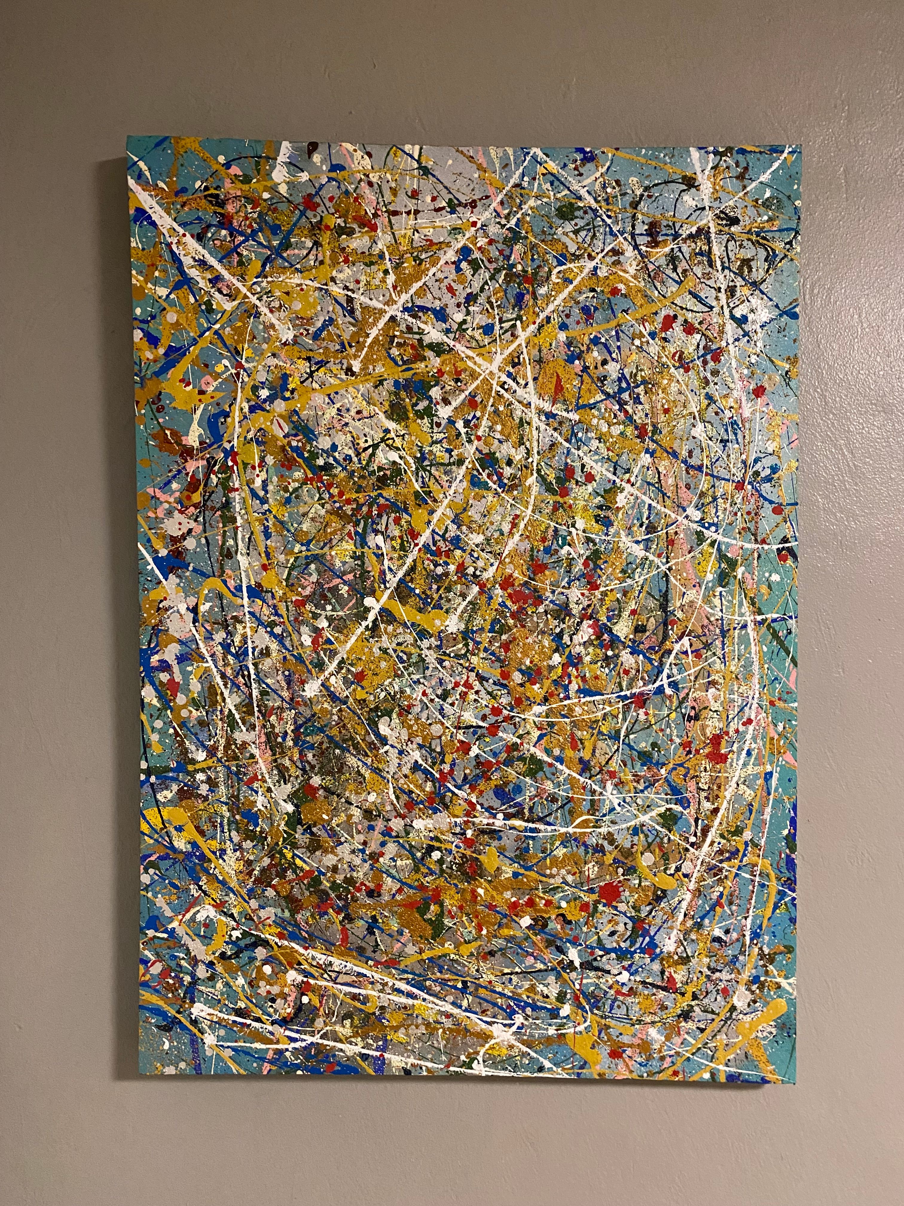 Abstract mixed-media painting by Derek, layered marks and colour